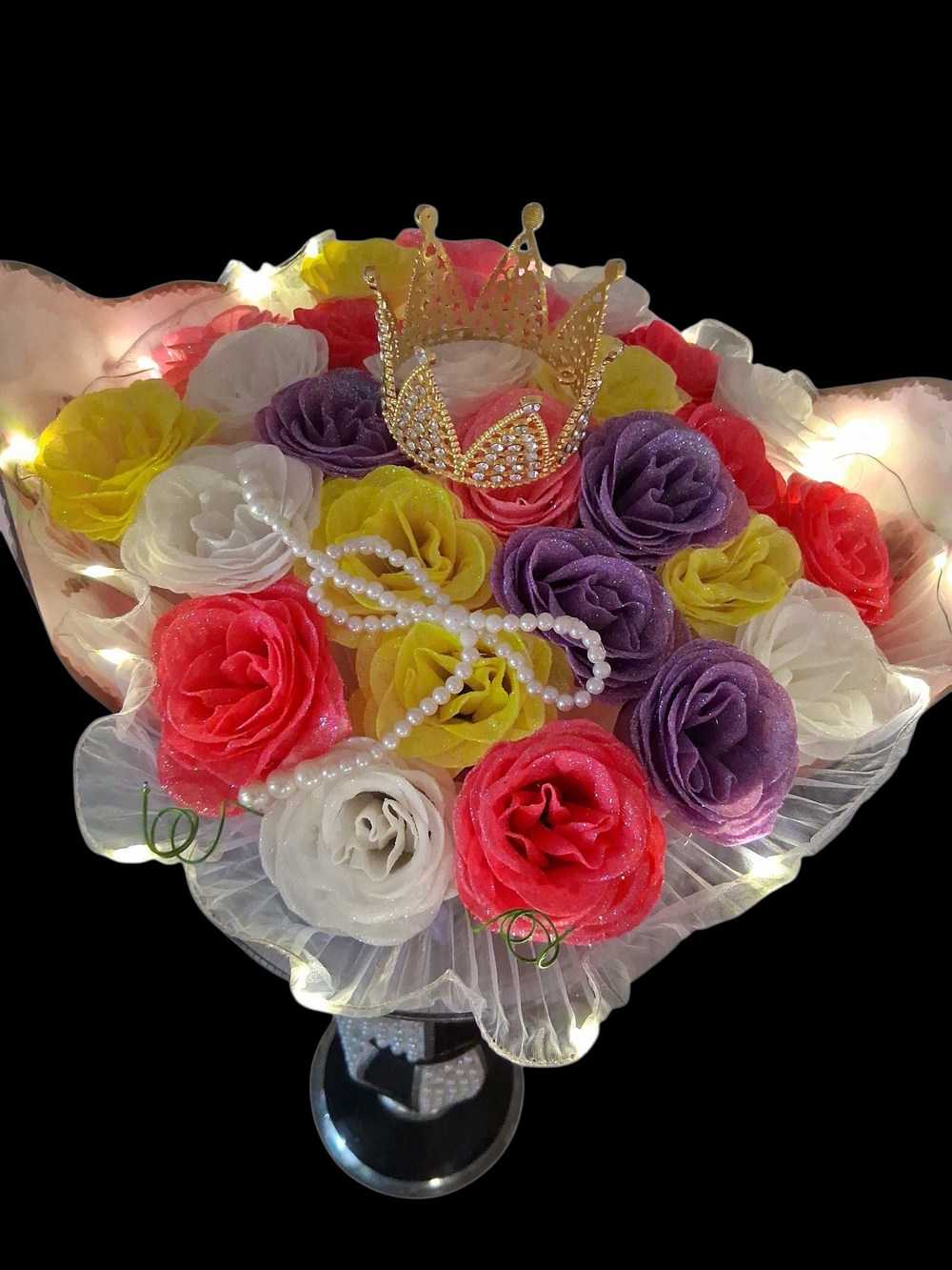 Elegant Multi-Color GLITTER  Rose Butterfly Bouquet with Pearl Accents and Crown